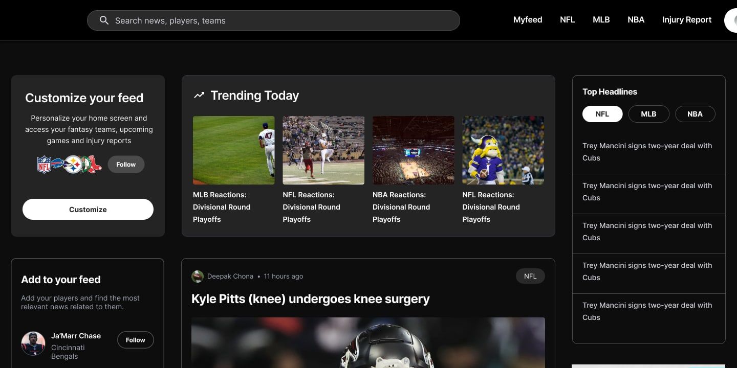 SMA home feed with Customize your feed, Trending Today, Top Headlines and an injury story