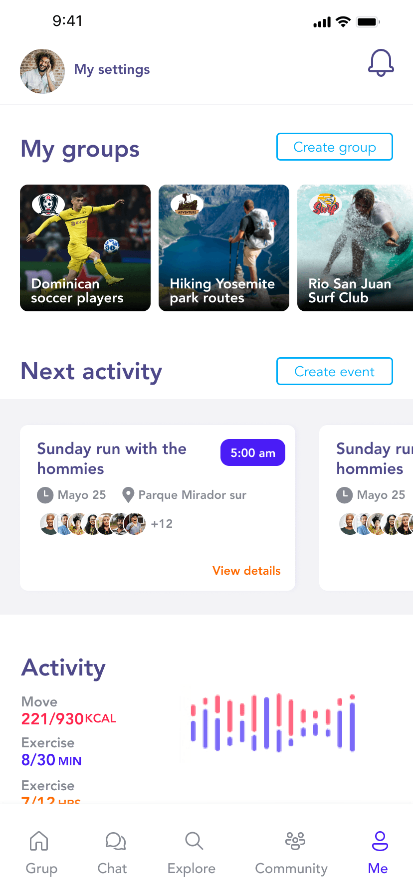Profile with my groups, next activity and activity summary
