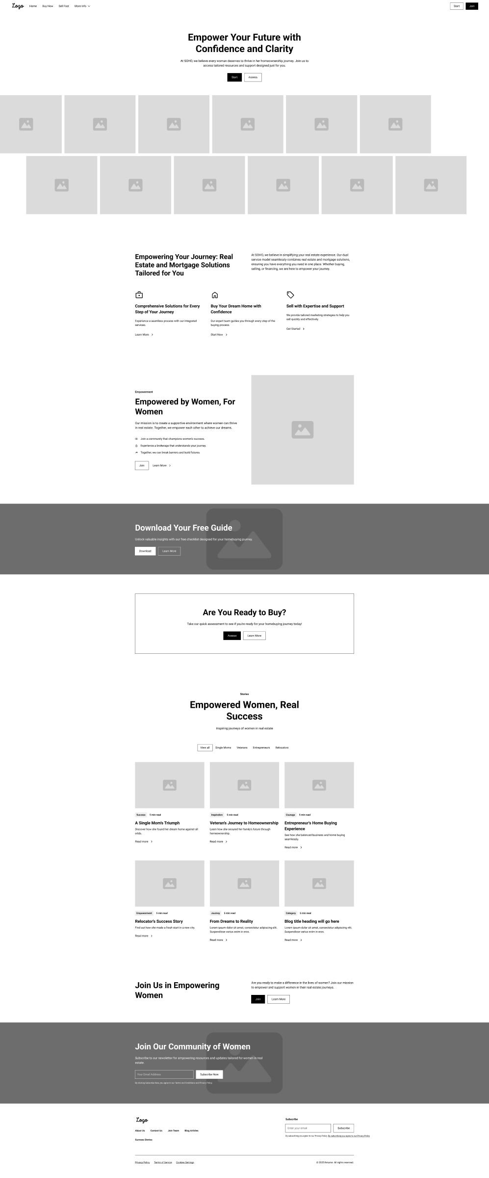 Low-fidelity wireframe of the homepage in grayscale