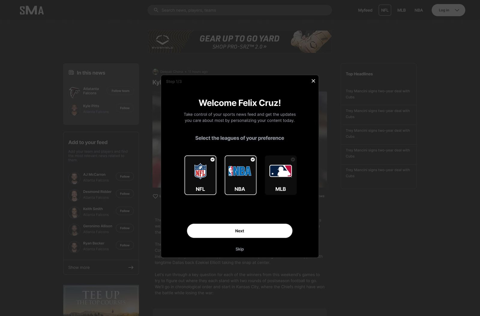 Onboarding modal, step 1 of 3: welcome message and league selection with NFL, NBA and MLB