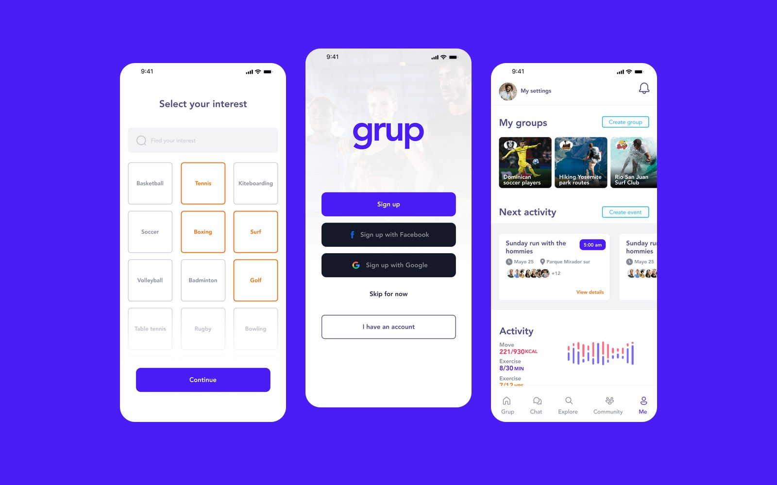 Three GRUP screens: interest selection, sign up and the profile with my groups and next activity