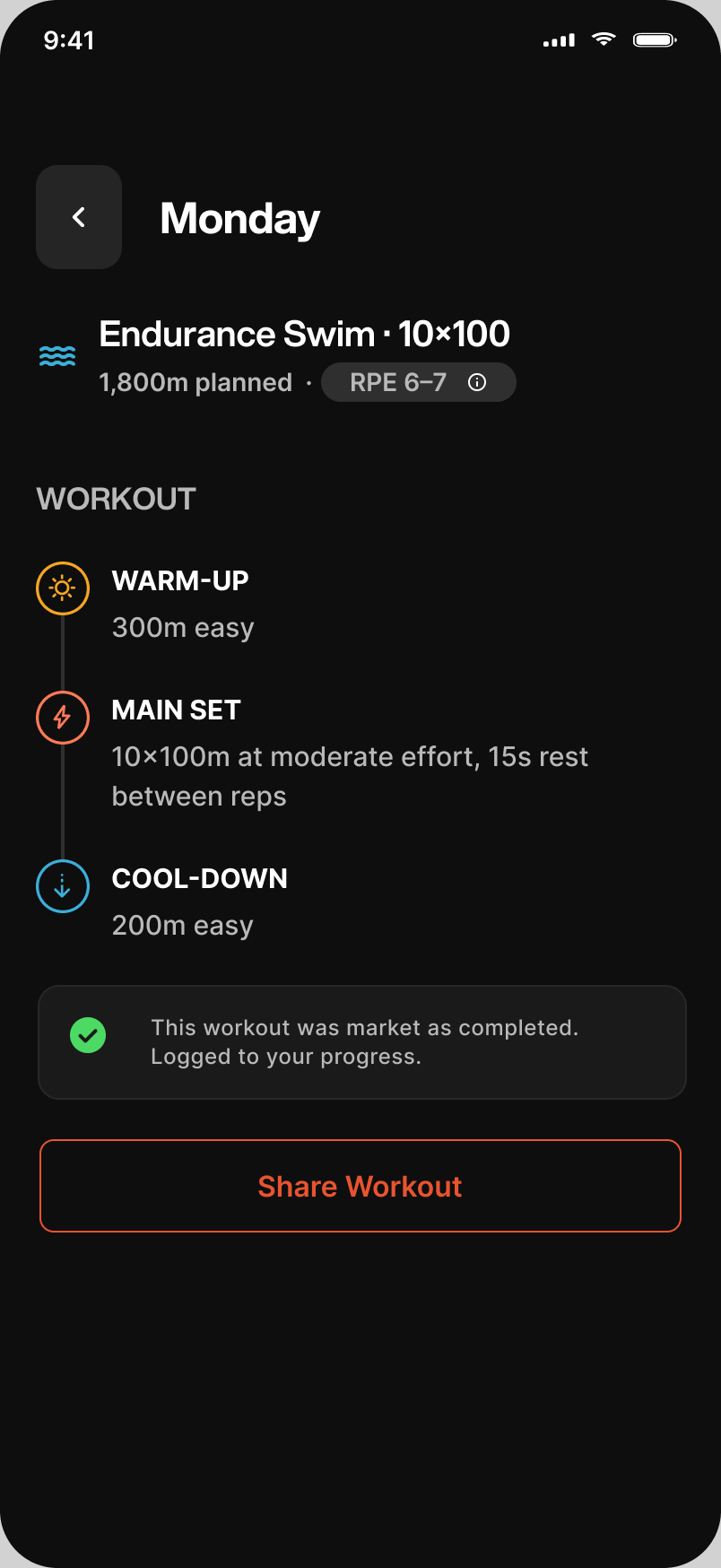 Completed swim workout with warm-up, main set and cool-down, and a share option