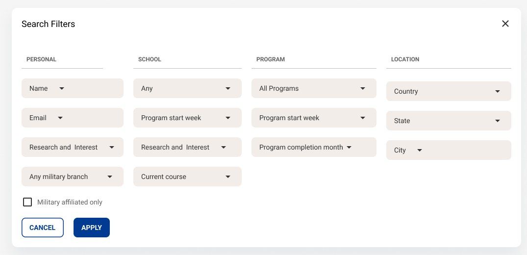 Search filters modal with personal, school, program and location filters