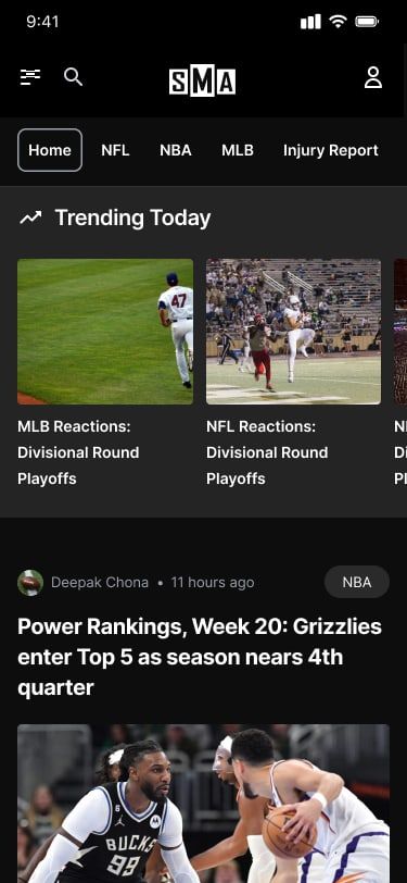 Mobile home with league tabs, Trending Today and the news feed