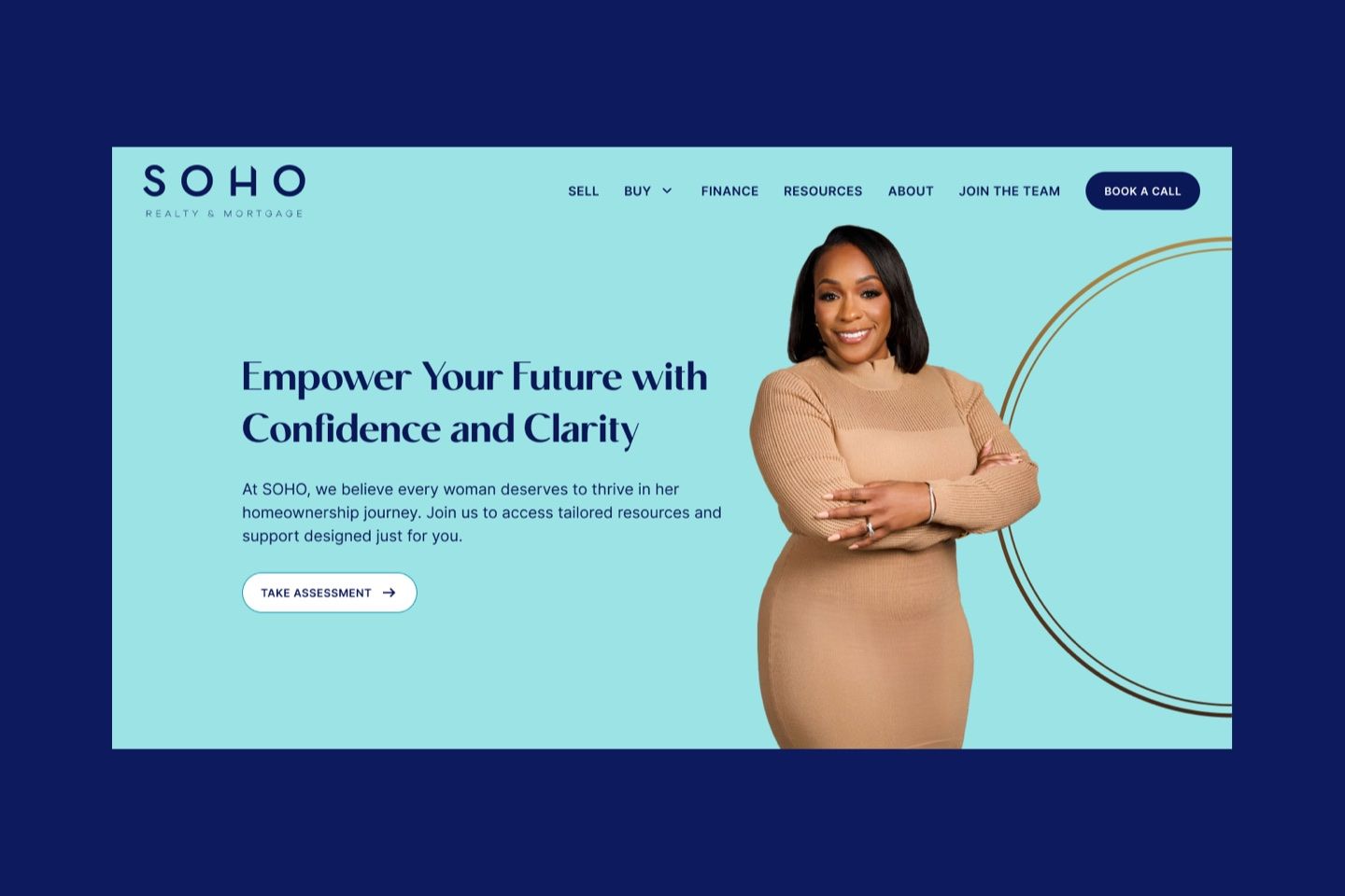 SOHO Realty & Mortgage homepage hero: "Empower Your Future with Confidence and Clarity" with a Take Assessment button