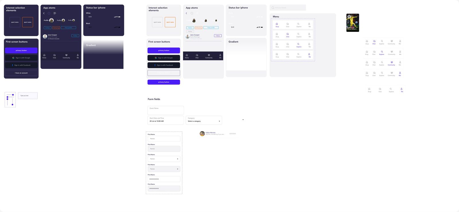 GRUP design system with interest tiles, buttons, app atoms, status bars, menus and form fields in dark and light mode