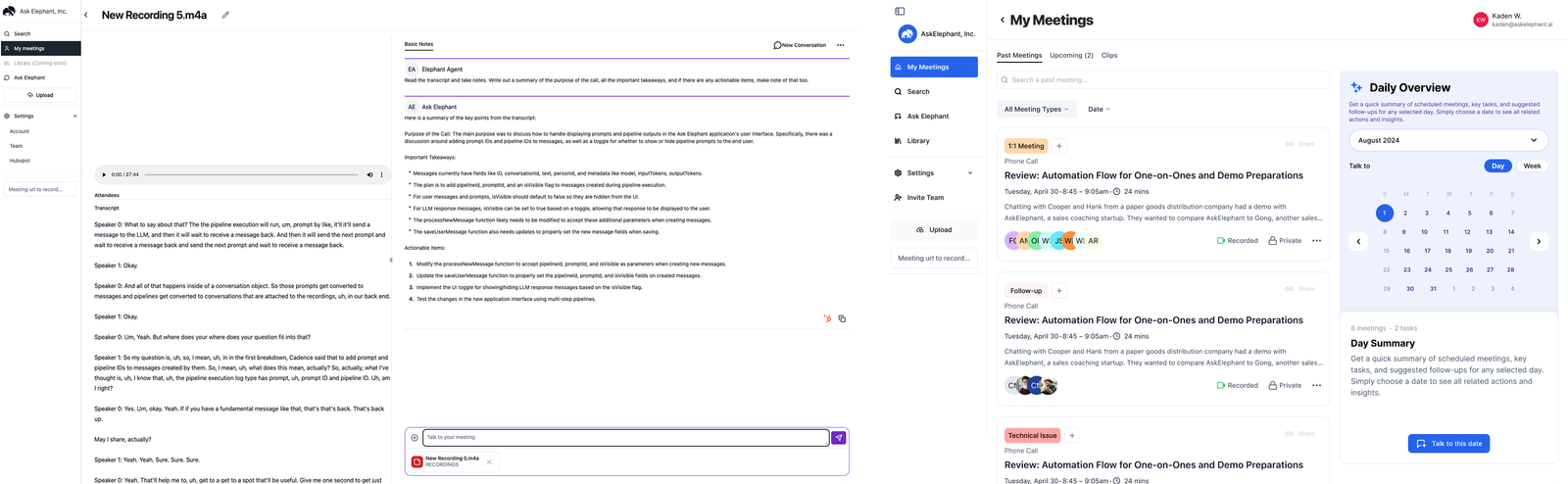 Before and after comparison of the AskElephant My Meetings screen