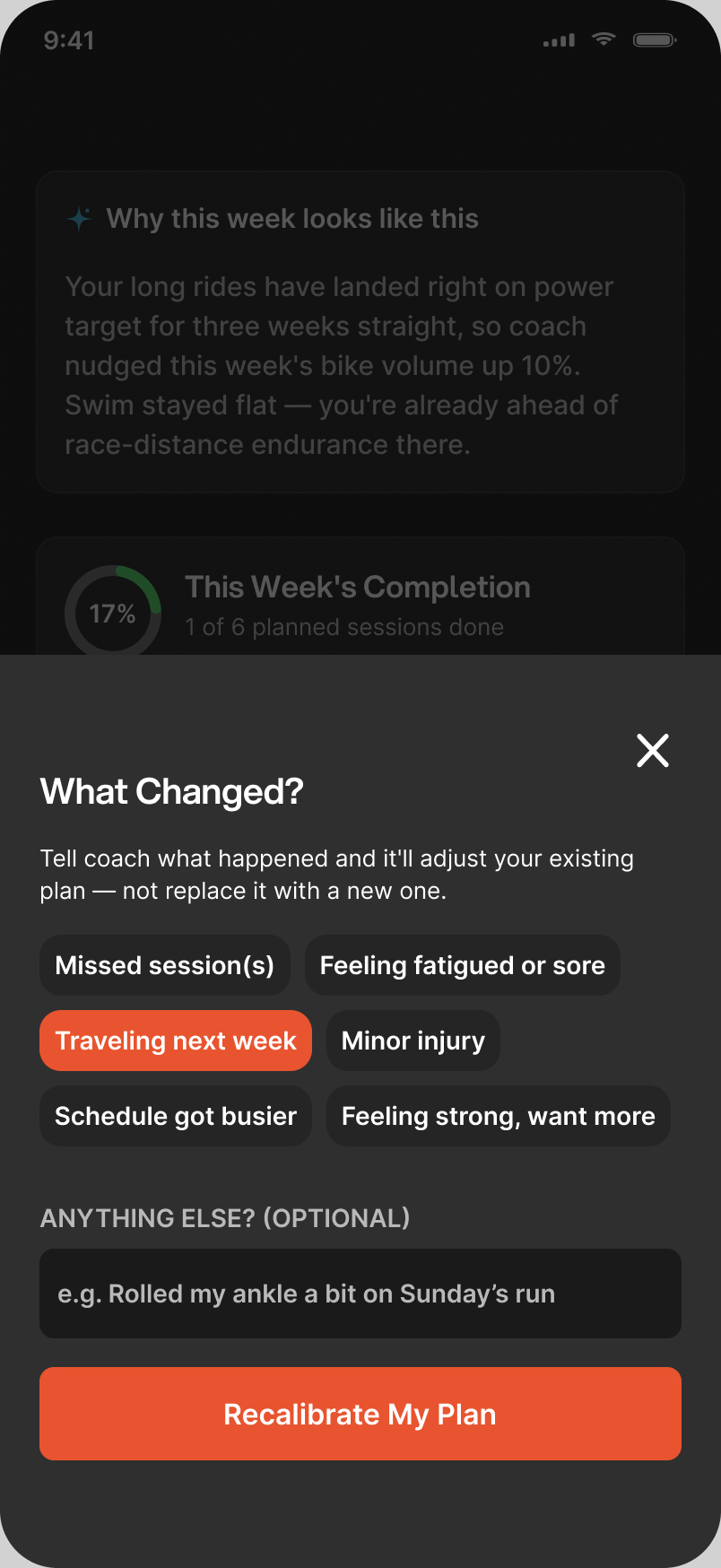 Recalibrate sheet asking what changed: missed sessions, fatigue, travel, minor injury, busier schedule or feeling strong
