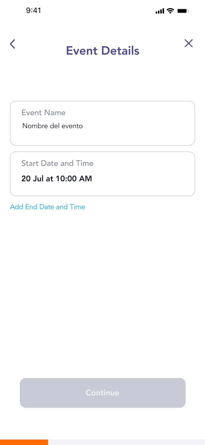 Event details step: event name and start date and time