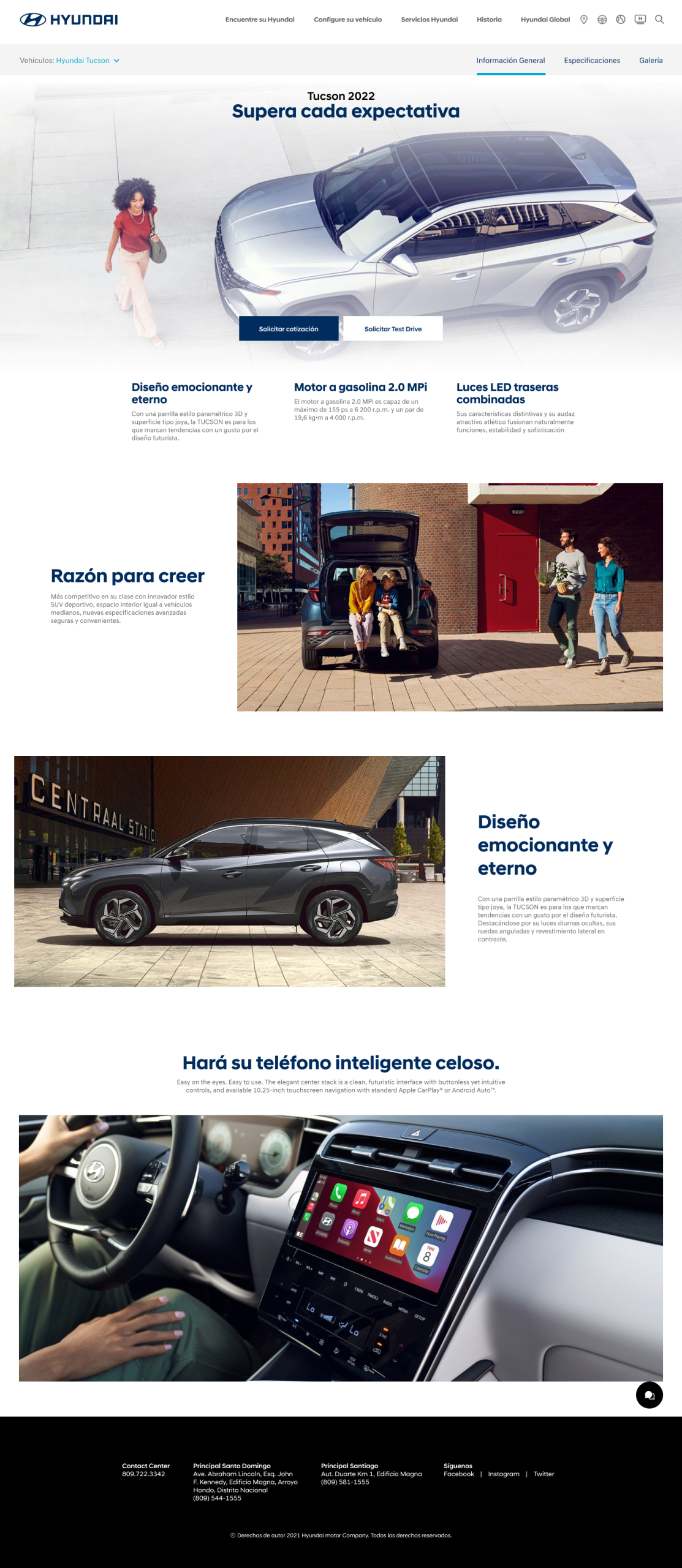 Hyundai Tucson model detail page with lifestyle imagery, key features and design highlights