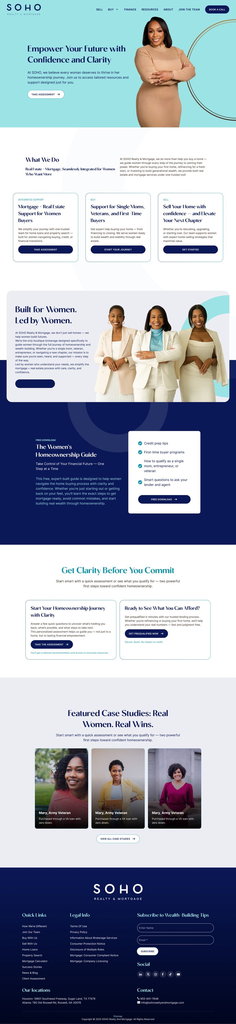 Final homepage design with the founder, services, guide download, assessment and case studies