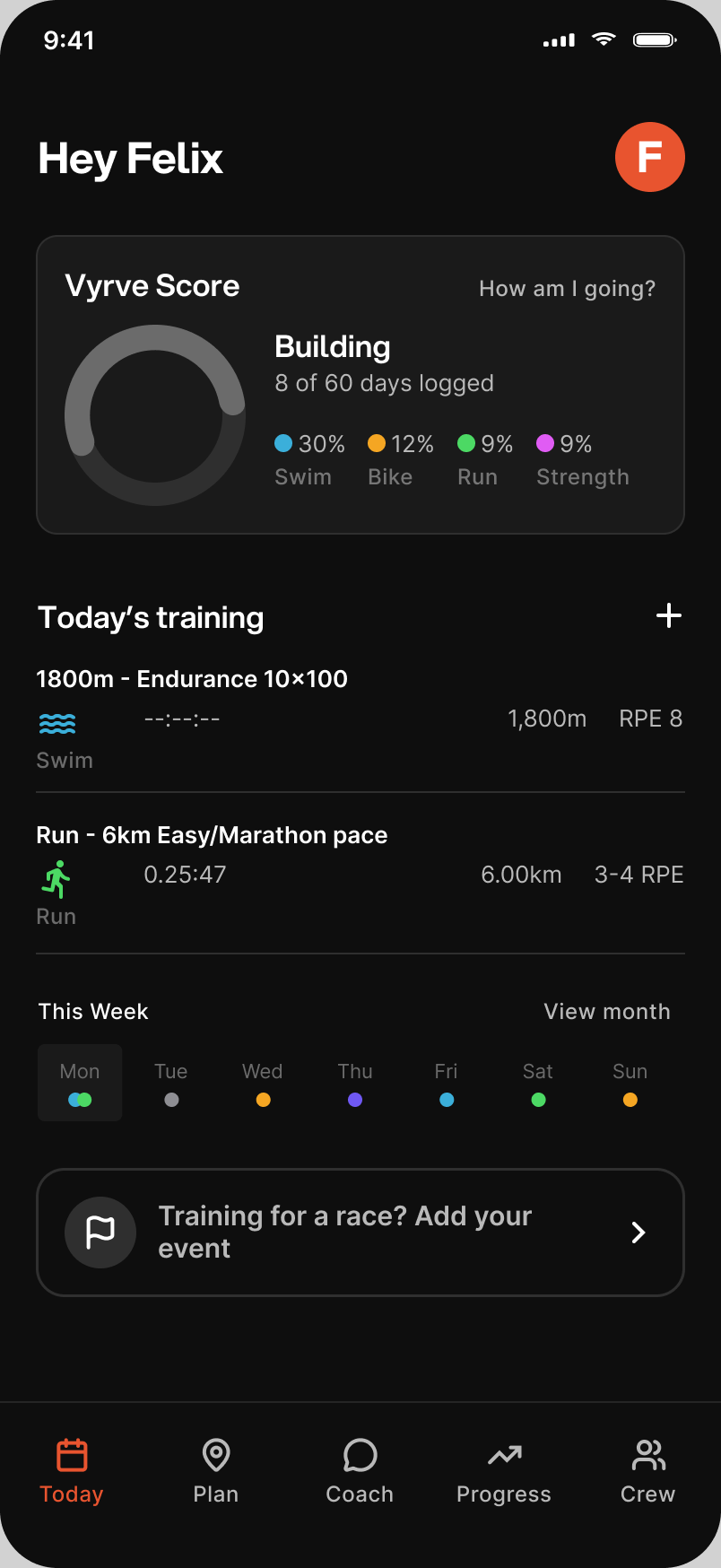 Today view with the Vyrve Score, today's swim and run sessions and the week at a glance