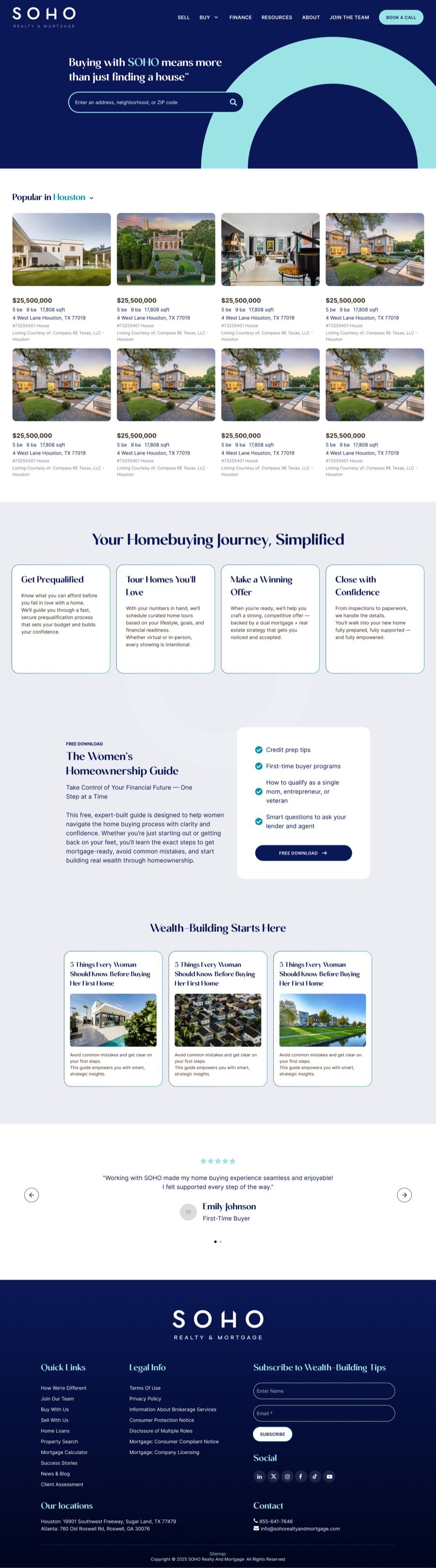 Buy page with property search, listings, the four-step homebuying process and the buyer guide