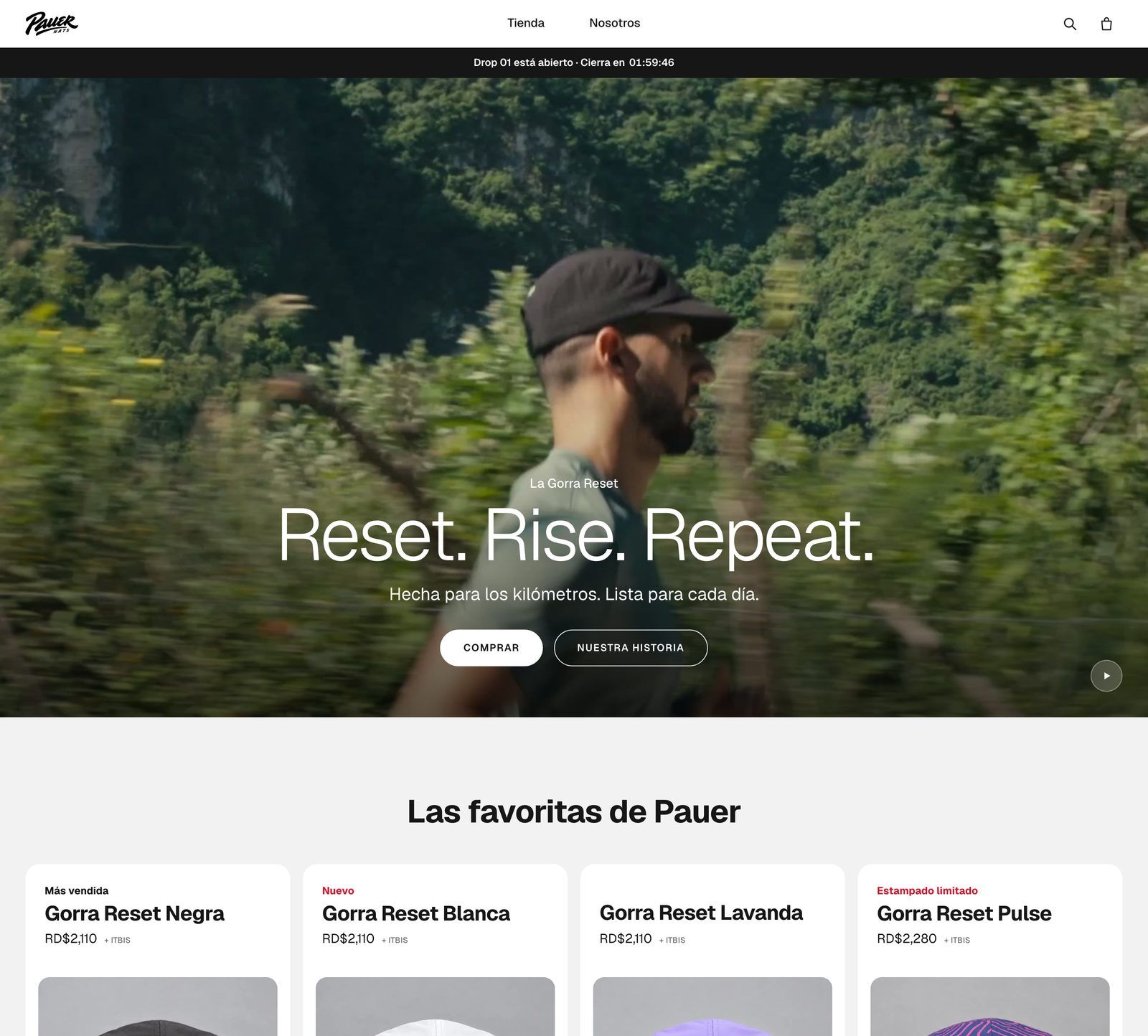 PAUER HATS store home: hero Reset. Rise. Repeat. with the drop countdown bar, and the four caps in Las favoritas de Pauer