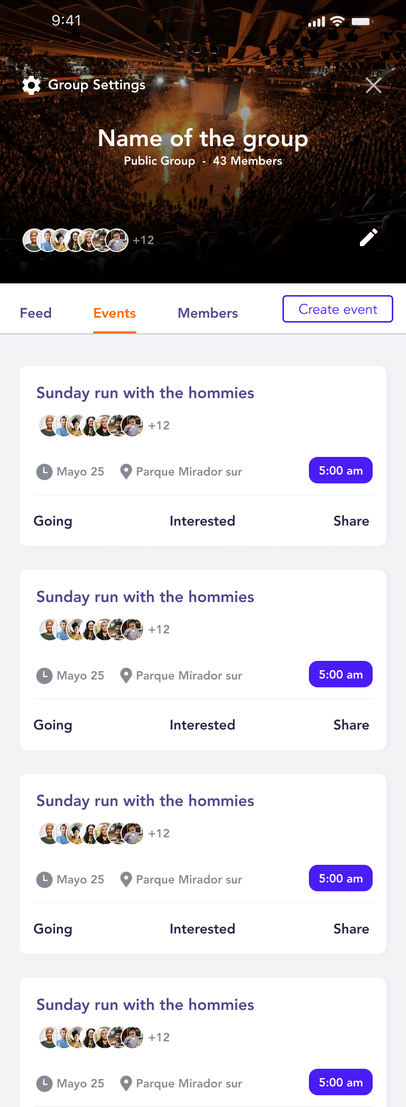 Group events list with going, interested and share actions