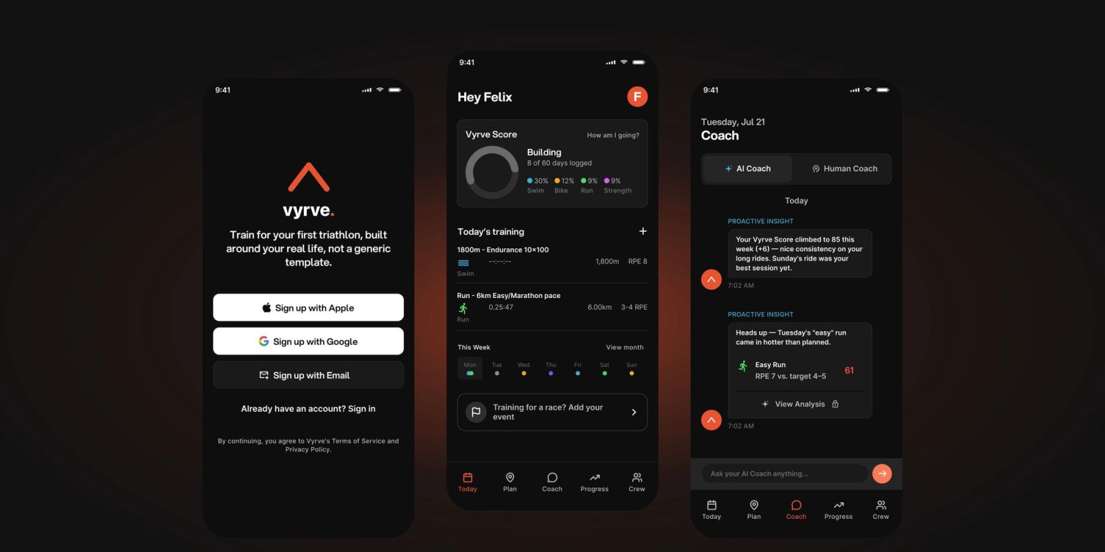 Three Vyrve screens: sign up, the Today view with the Vyrve Score and the AI Coach with proactive insights