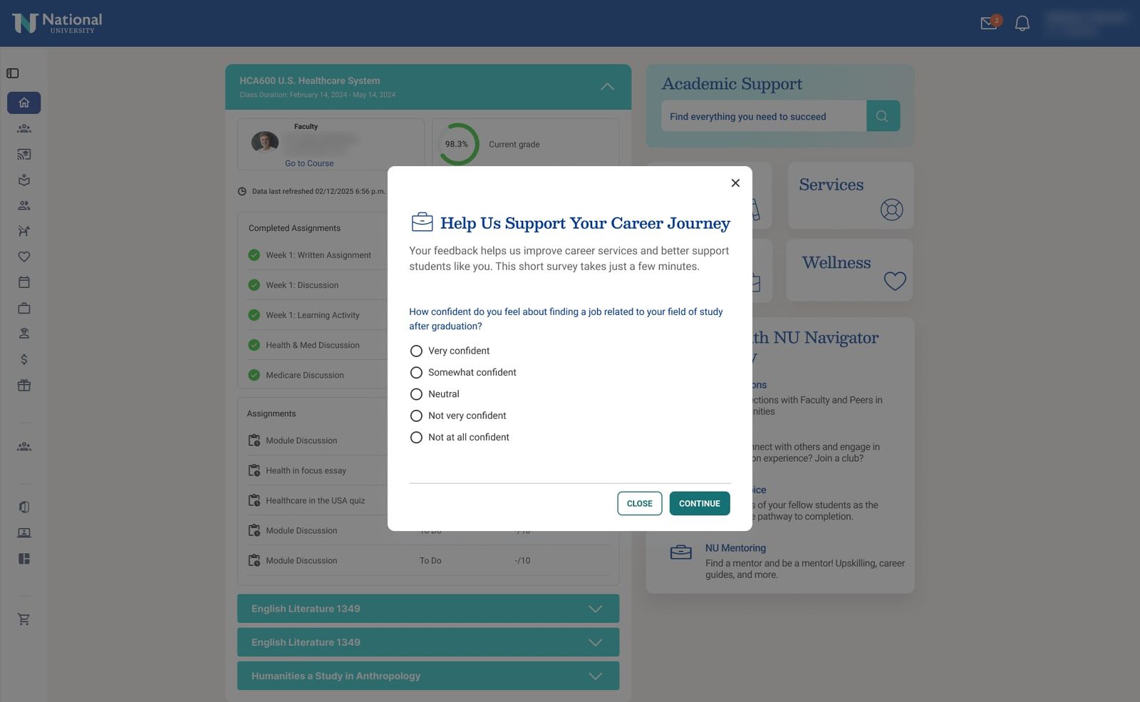 Survey pop-up asking how confident the student feels about finding a job after graduation