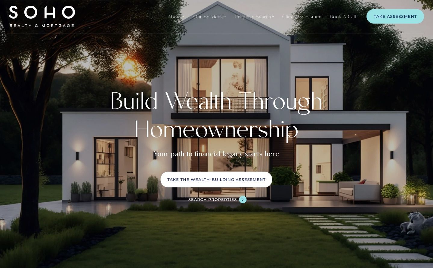 The previous SOHO homepage: a stock photo of a house at dusk with the headline "Build Wealth Through Homeownership"