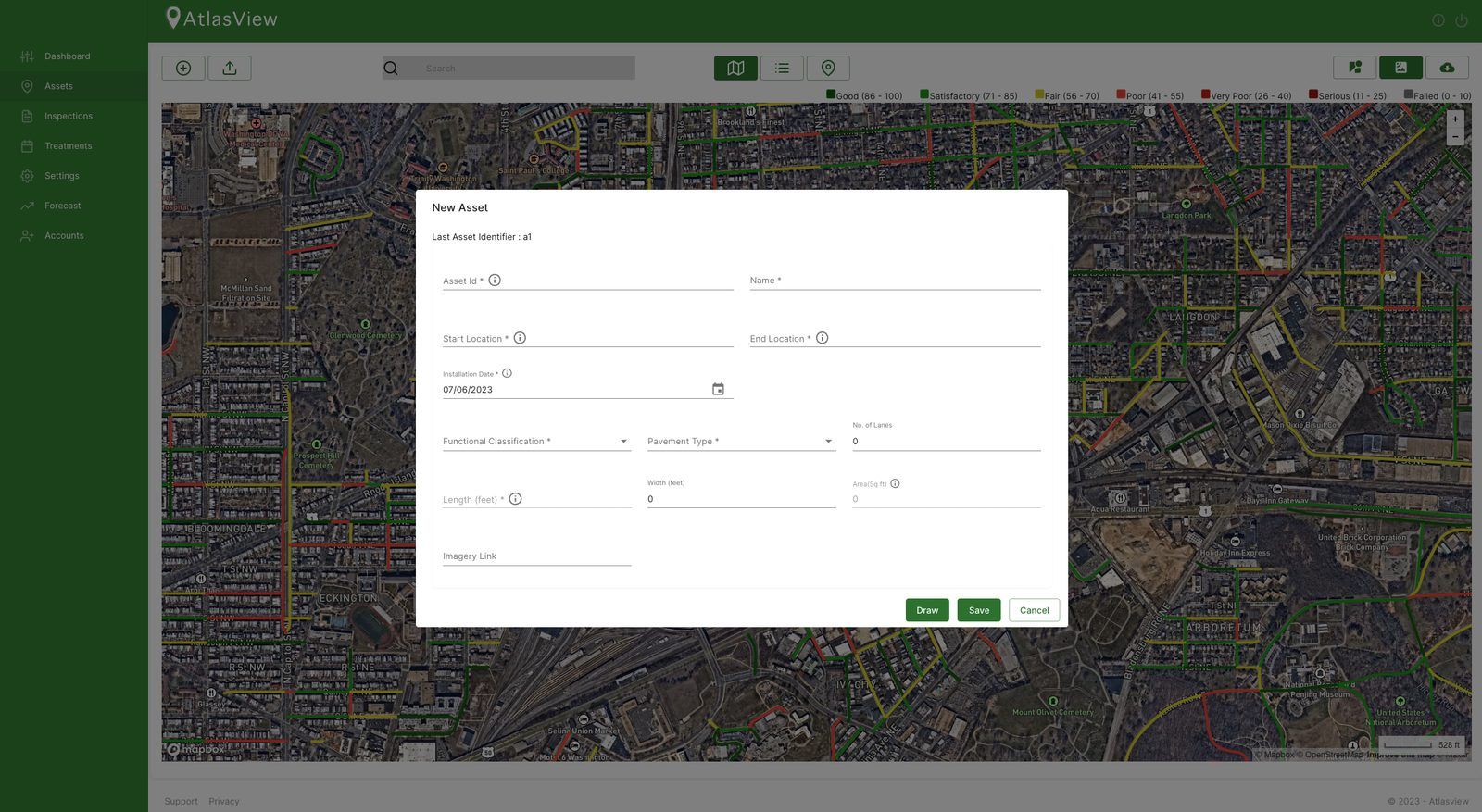 Previous New Asset form as a modal covering the map