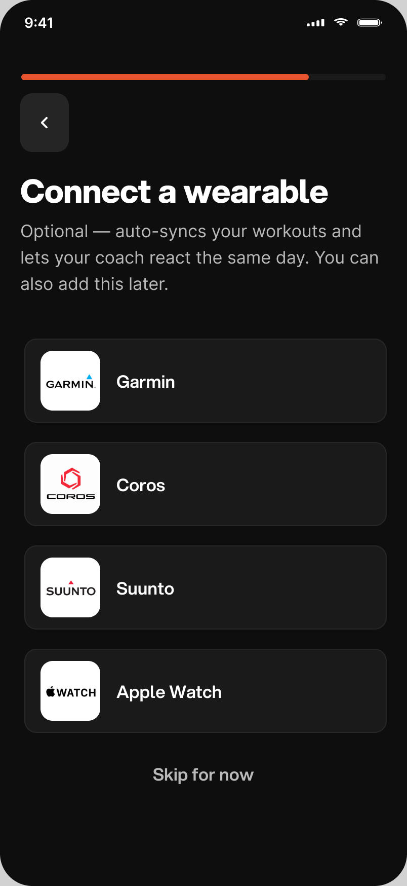 Optional step to connect Garmin, Coros, Suunto or Apple Watch