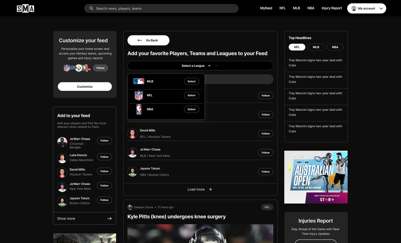 Add to your feed panel with a league selector and a list of players to follow