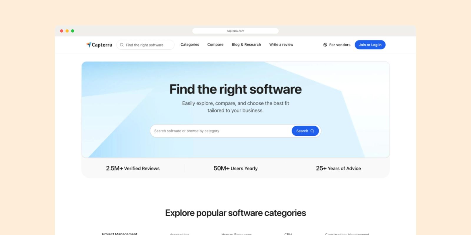 Capterra homepage, the software review marketplace run by Gartner Digital Markets