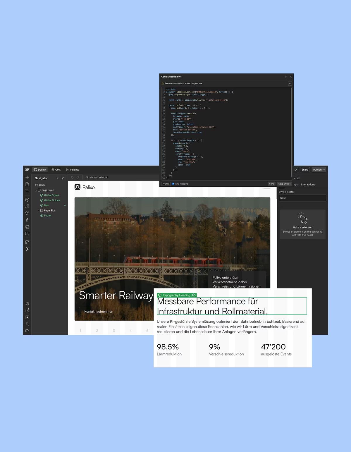 Webflow Designer mit der Palixo-Webseite, Code-Editor und einer Kennzahlen-Karte