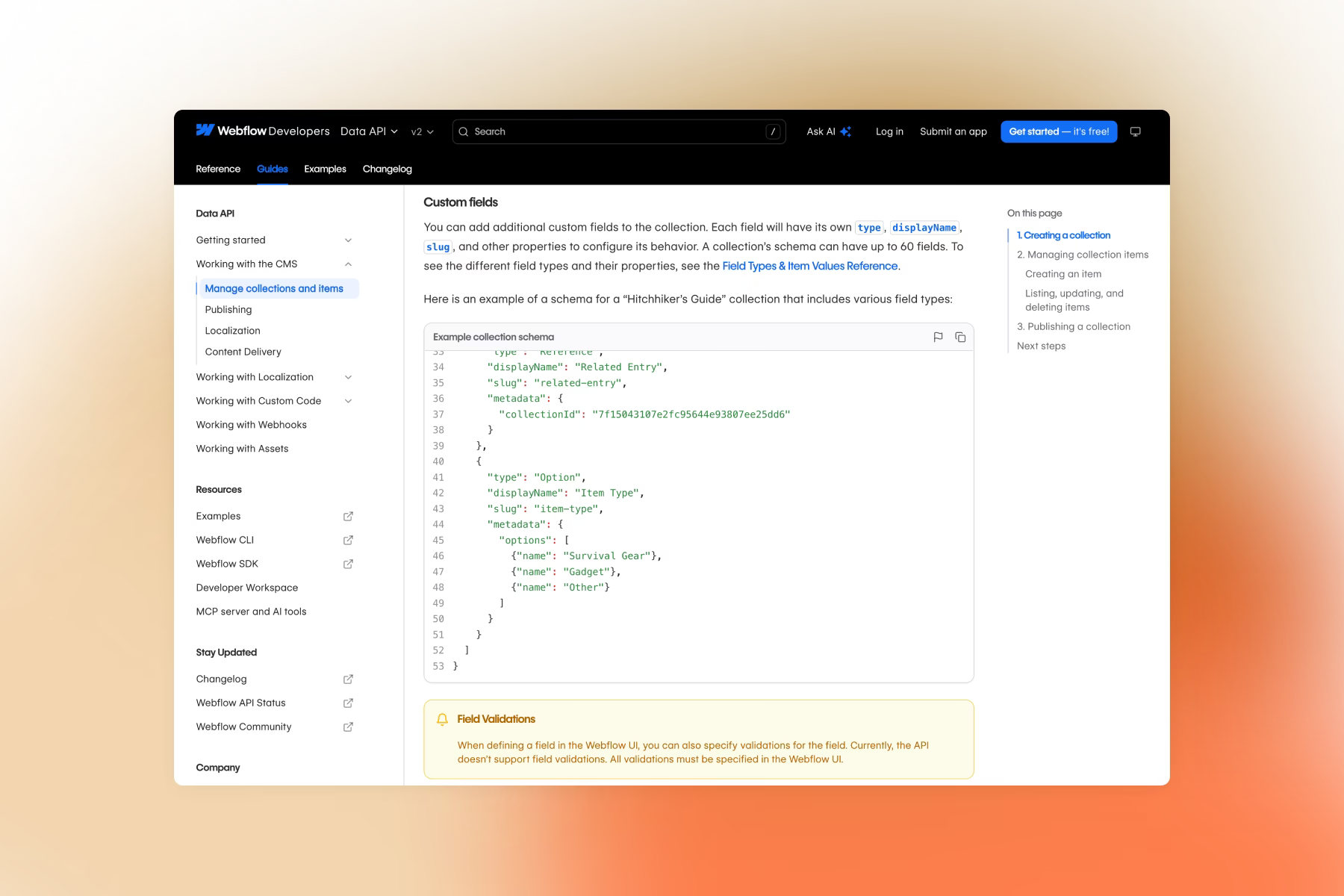 Dokumentation der Webflow Data API mit einem Beispiel-Schema für eine Collection