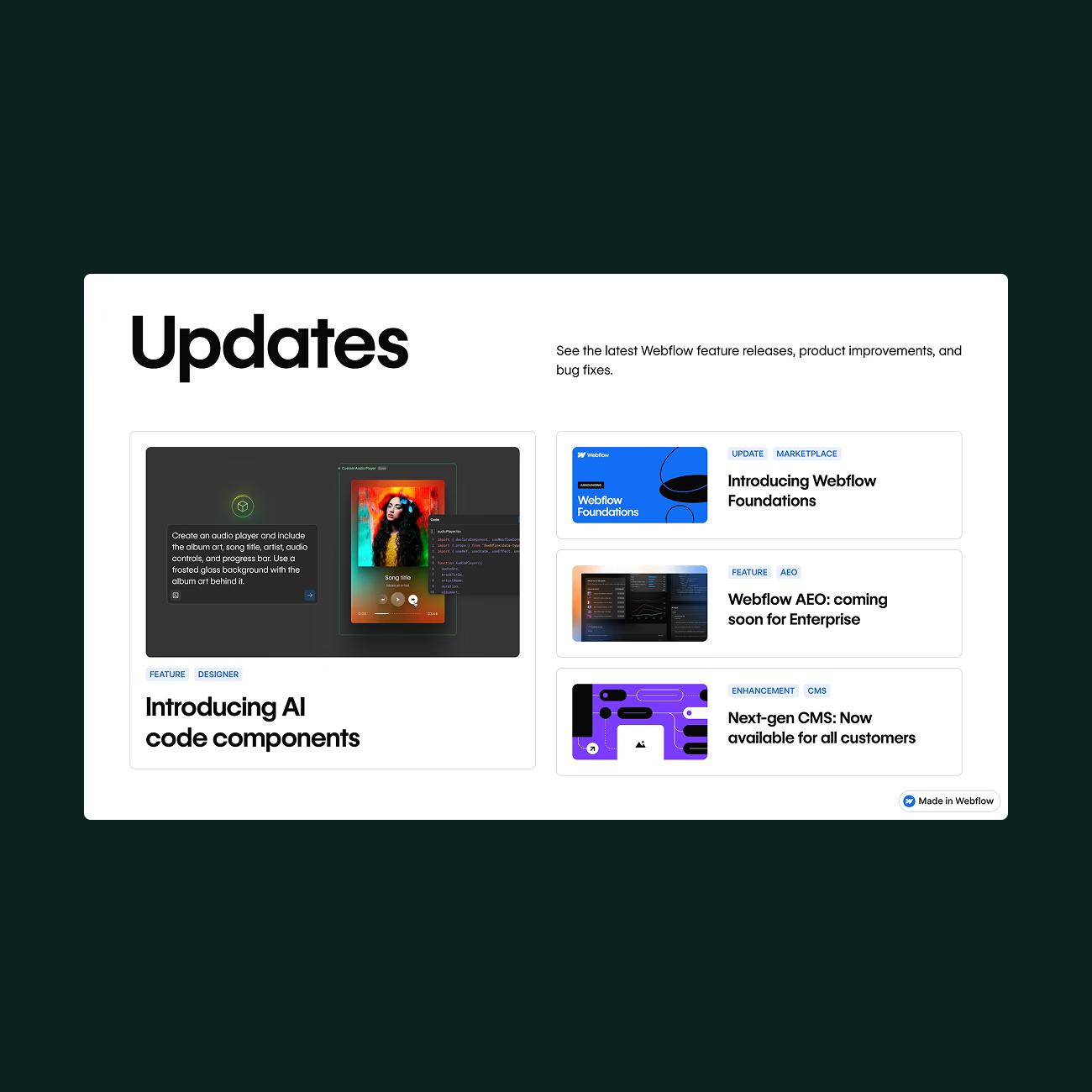 Seite «Updates» von Webflow mit neuen Funktionen