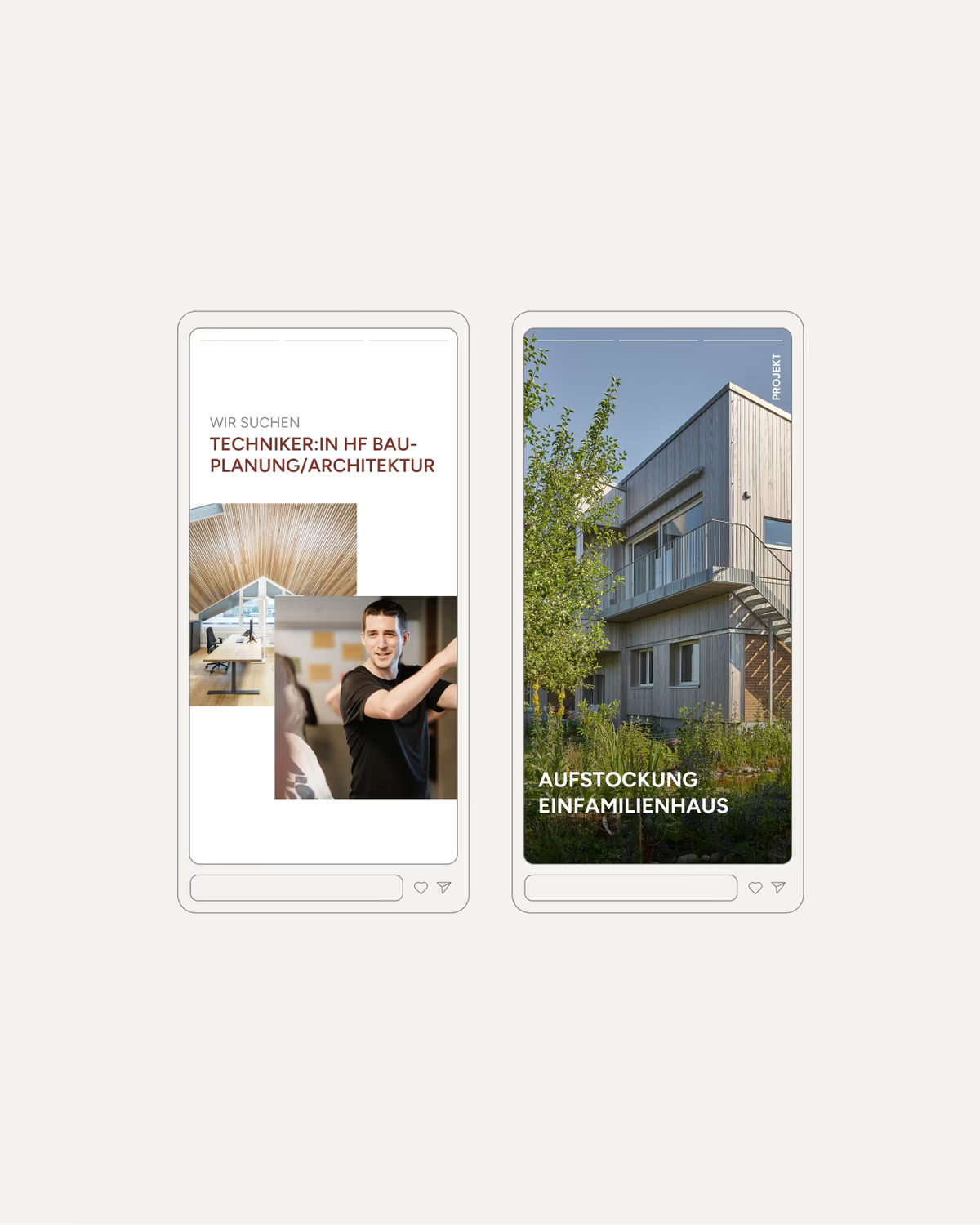Zwei Social-Media-Posts von Universal Gebäudemanagement auf Smartphone-Screens: Stelleninserat und Projekt «Aufstockung Einfamilienhaus»