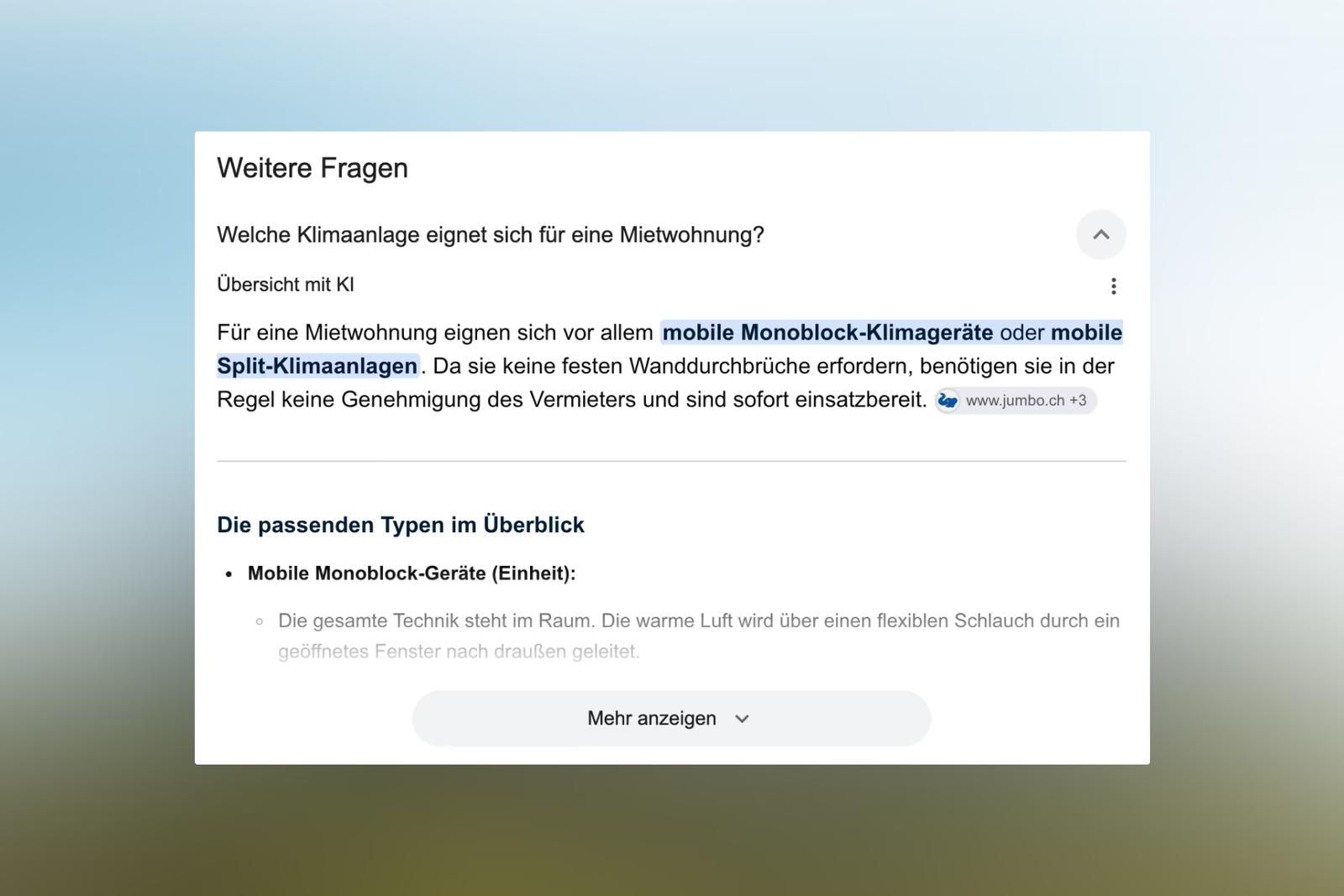 Google-Suchergebnis mit KI-Übersicht zur Frage, welche Klimaanlage sich für eine Mietwohnung eignet