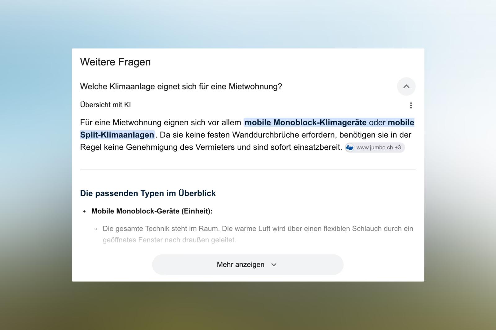 Google-Suchergebnis mit KI-Übersicht zur Frage, welche Klimaanlage sich für eine Mietwohnung eignet