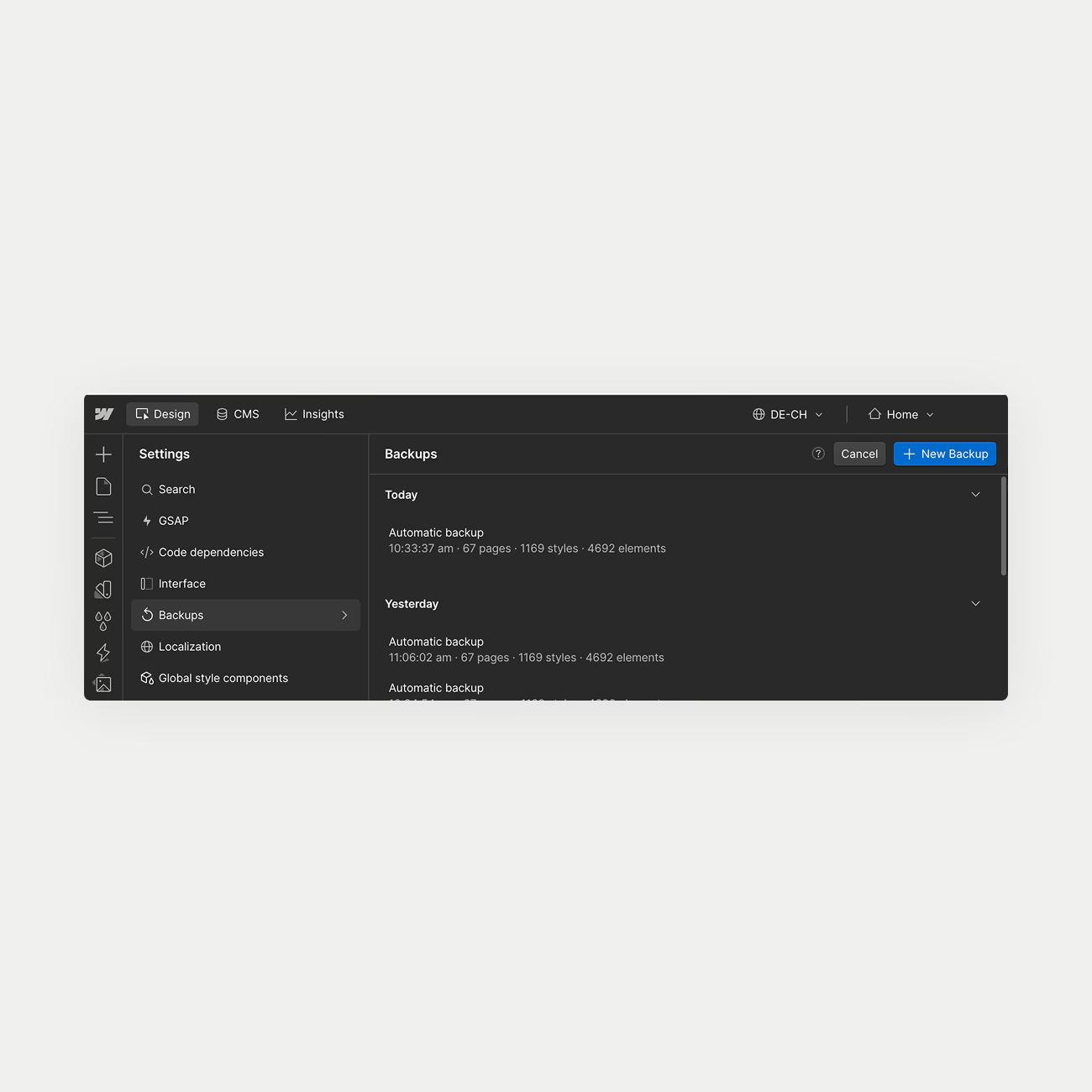 Automatische Backups in den Einstellungen von Webflow