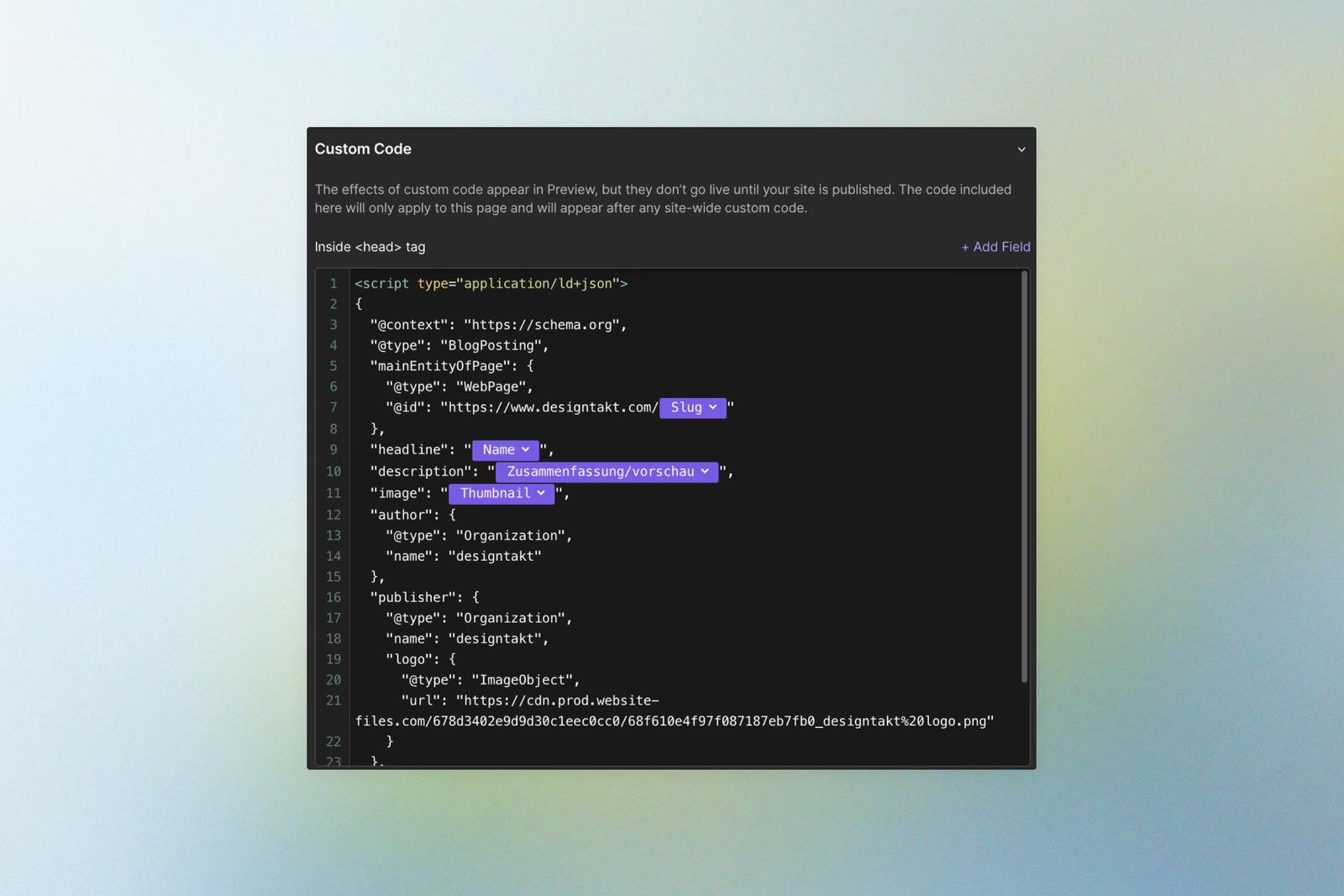 JSON-LD-Code für einen Blogbeitrag im Custom Code-Feld von Webflow