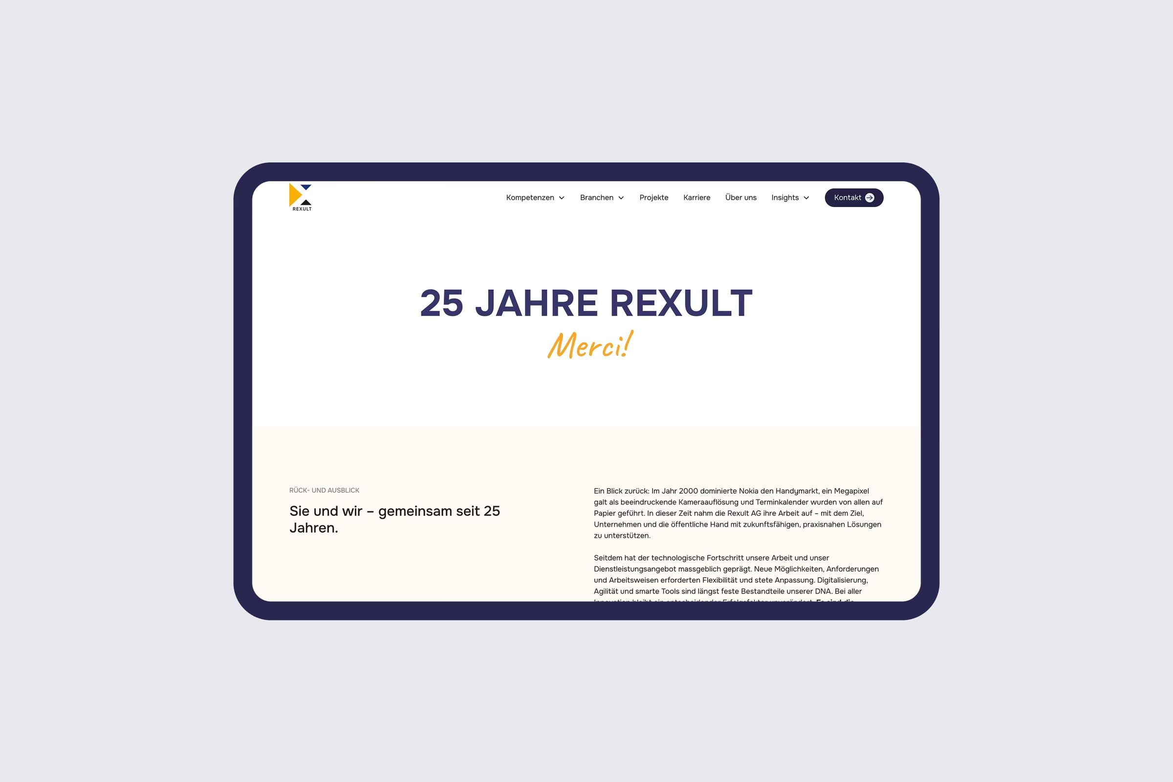 Tablet mit der Seite «25 Jahre Rexult»