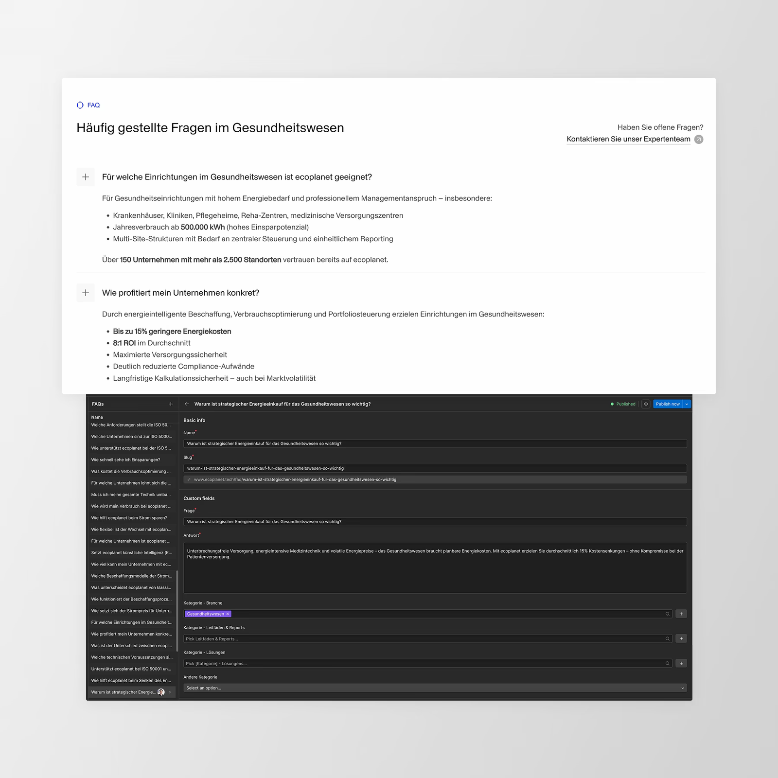 FAQ-Bereich der ecoplanet-Webseite und die zugehörigen Einträge im CMS
