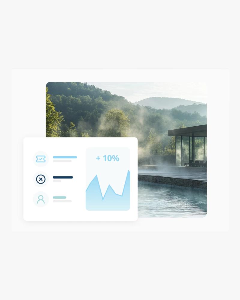 Illustration von Pricenow für Thermen: Kennzahlen vor einem dampfenden Aussenbecken