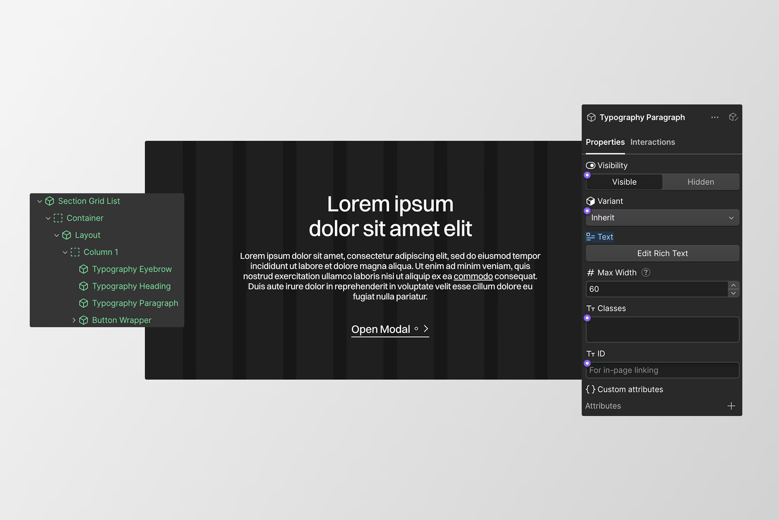 Lumos-Komponente im Webflow Designer mit ihren Eigenschaften