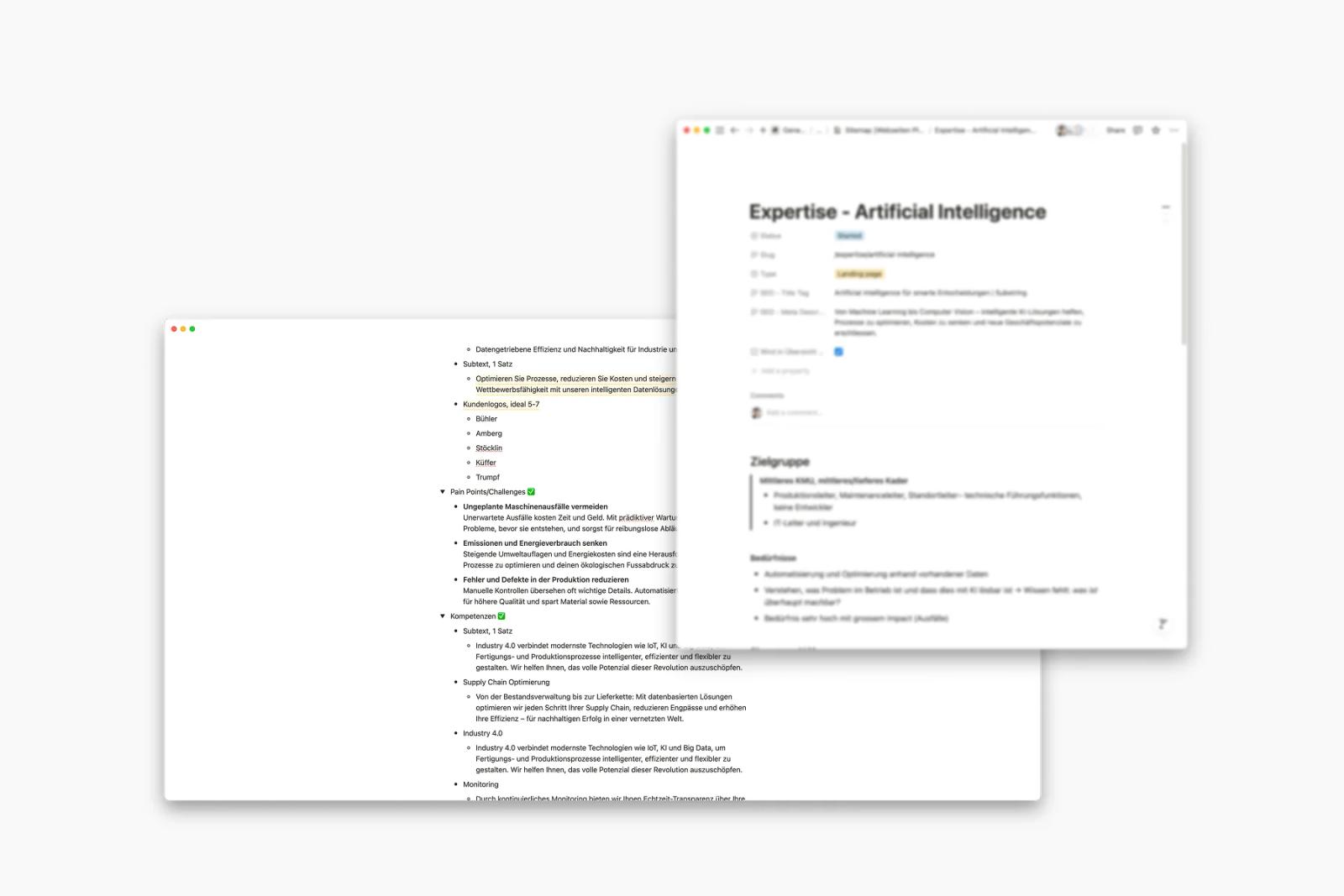 Dokumente mit Messaging-Notizen und einer Seite «Expertise - Artificial Intelligence»