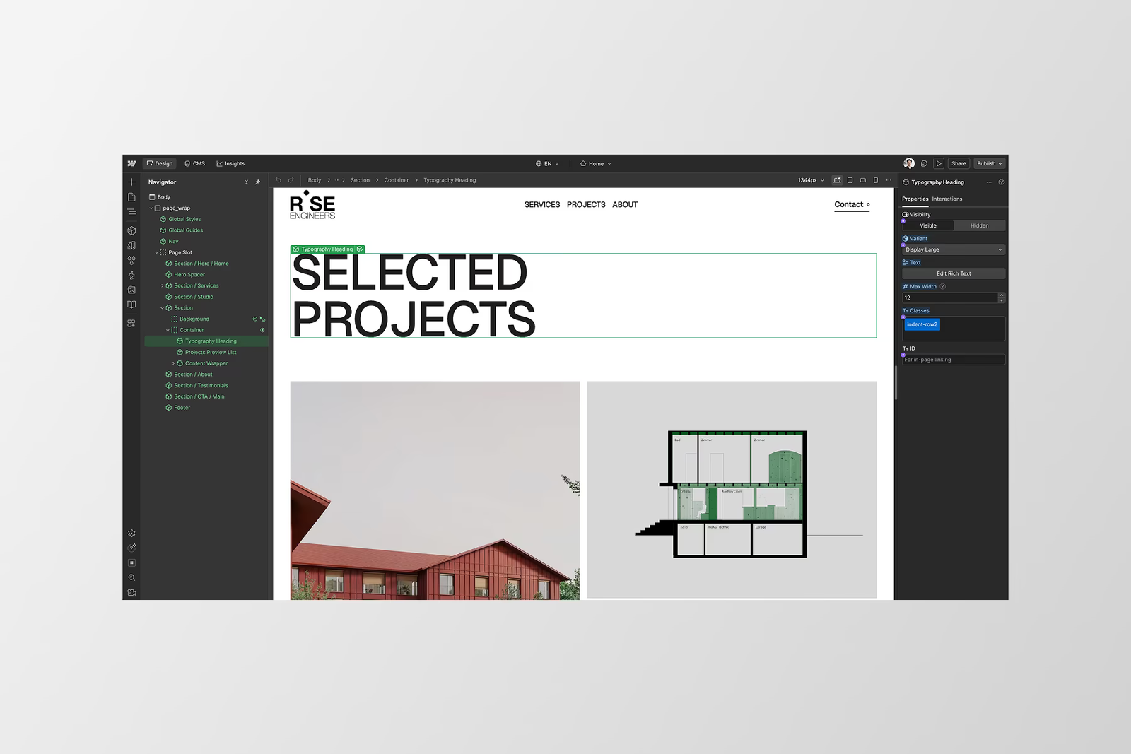 Webflow Designer mit dem Abschnitt «Selected Projects» der RISE-Webseite