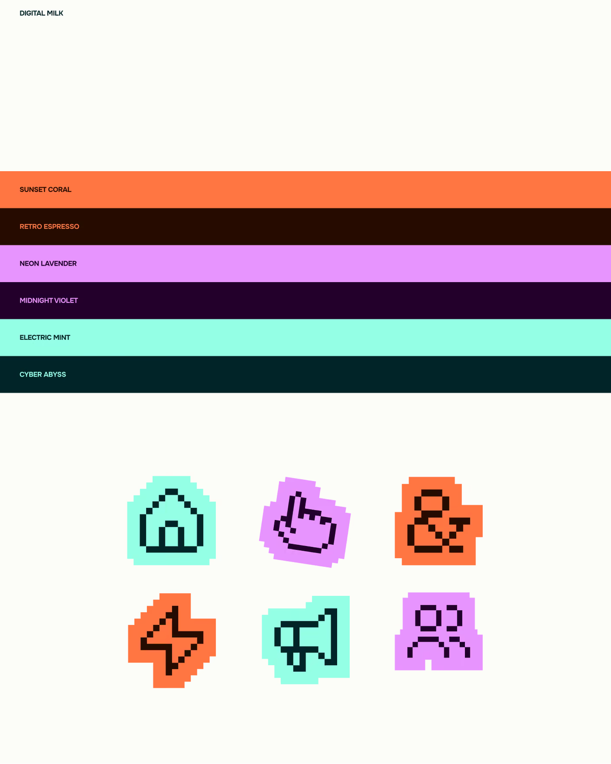 Farbpalette und pixelige Icons eines Brand Designs