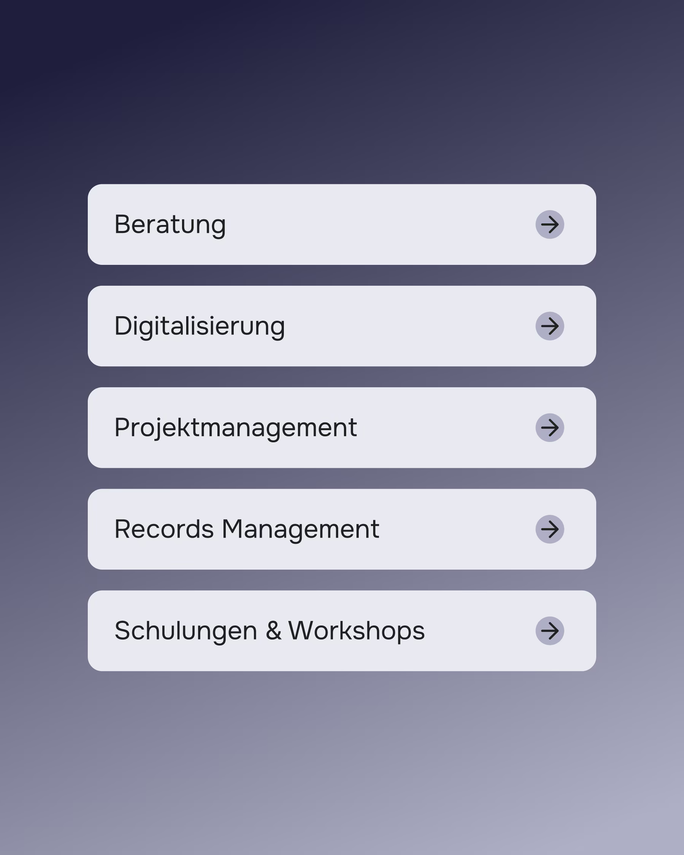 Kompetenzen von Rexult als Buttons: Beratung, Digitalisierung, Projektmanagement, Records Management, Schulungen & Workshops