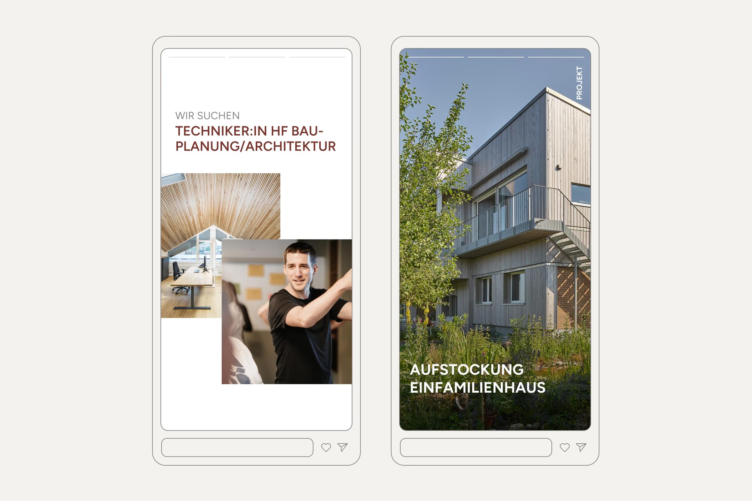 Zwei Instagram Stories von Universal Gebäudemanagement: Stelleninserat und Projekt «Aufstockung Einfamilienhaus»