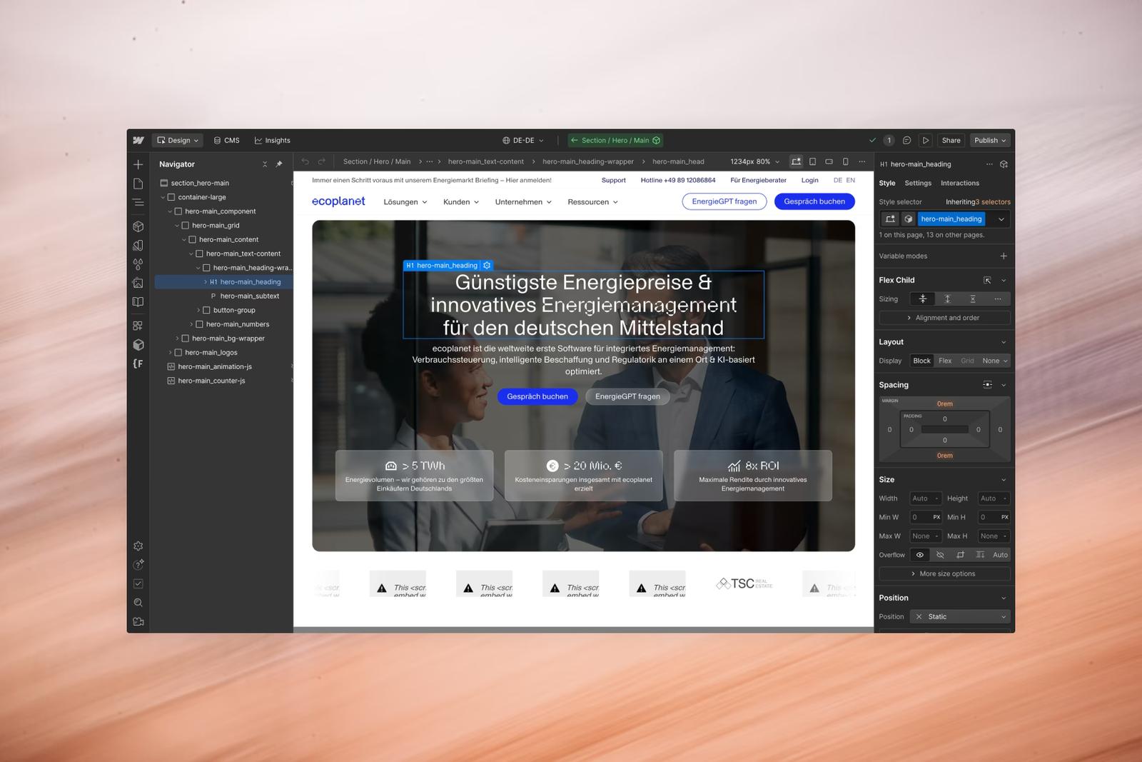 Webflow Designer mit der Startseite von ecoplanet
