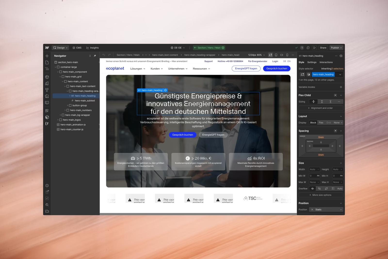 Webflow Designer mit der Startseite von ecoplanet