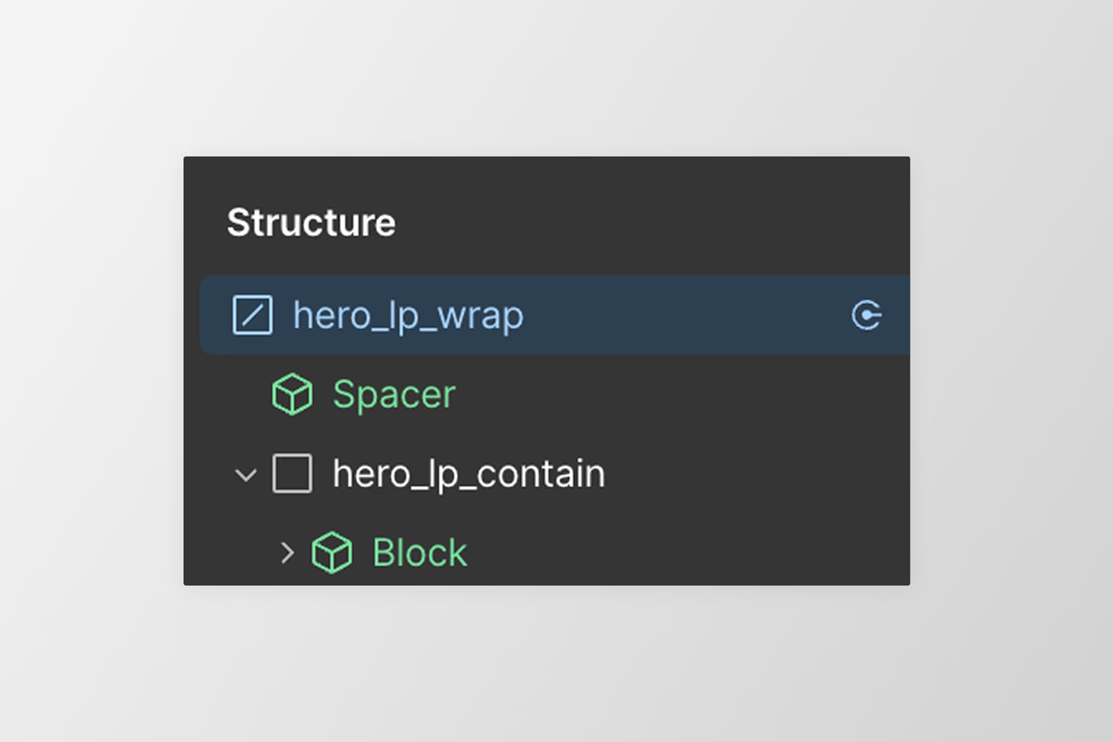 Klassenstruktur im Webflow Navigator nach der Namenskonvention von Lumos