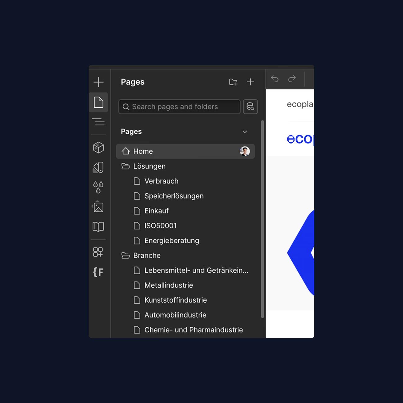 Seitenstruktur im Webflow Designer mit Ordnern für Lösungen und Branchen