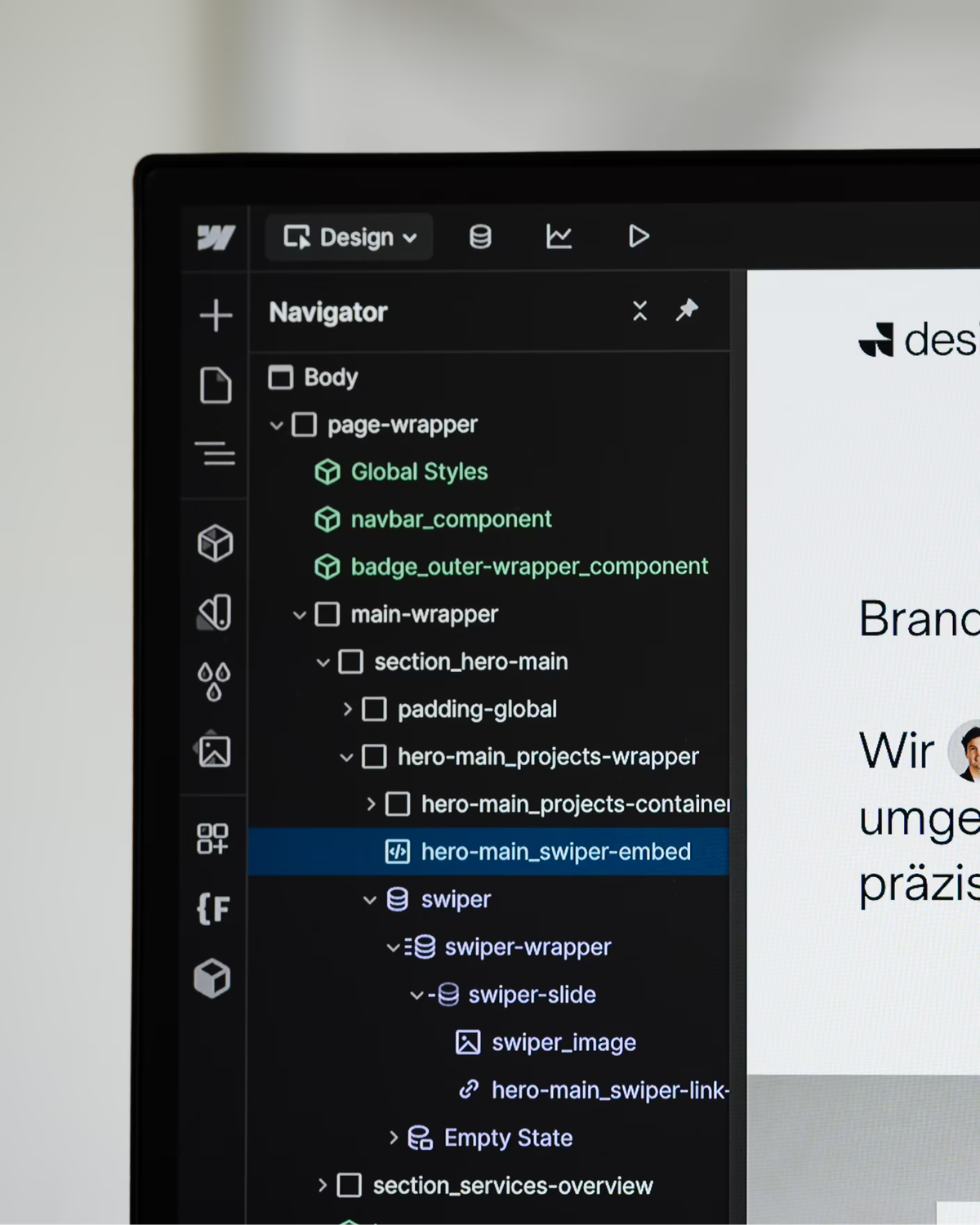 Navigator im Webflow Designer mit der Seitenstruktur der designtakt-Webseite