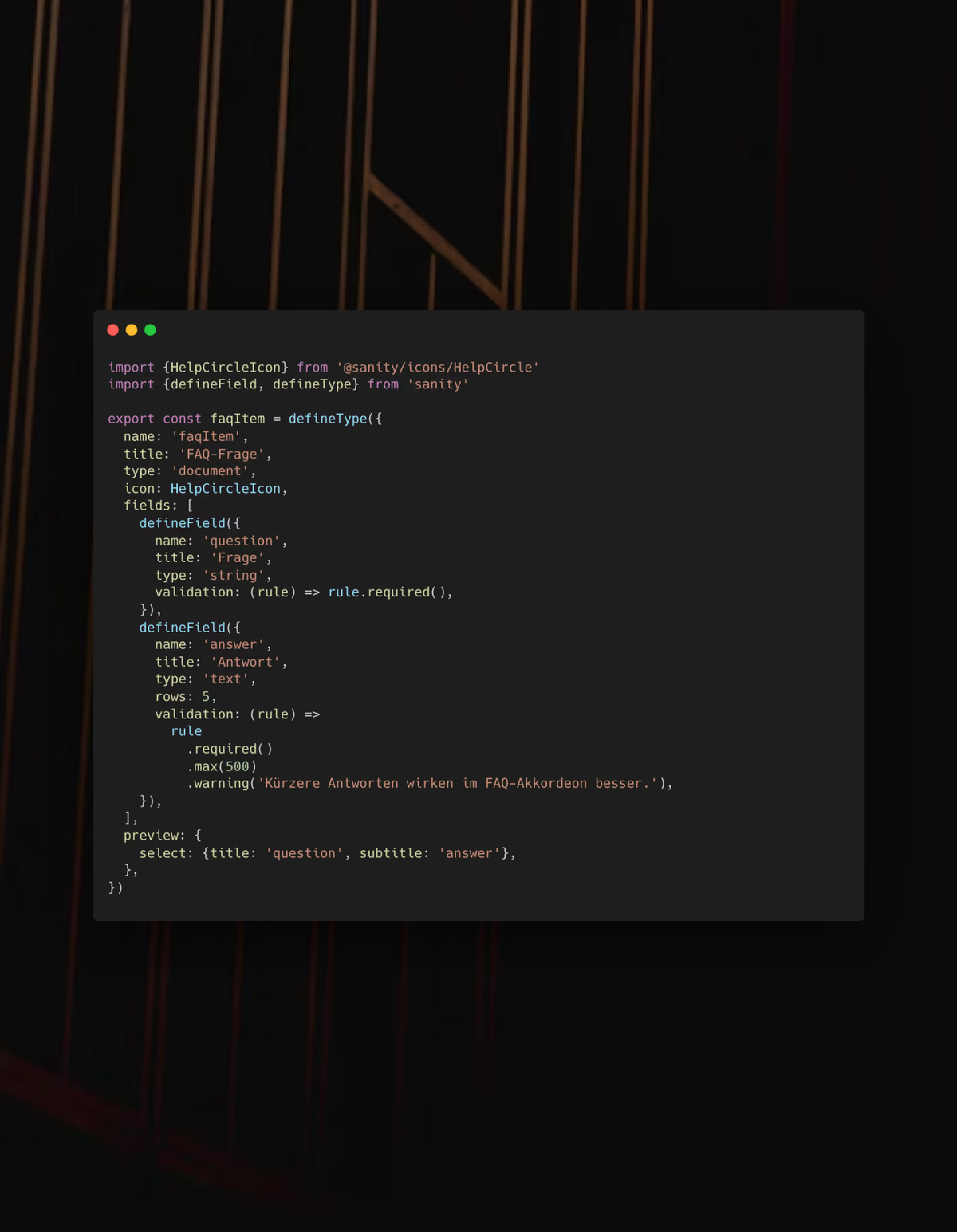Sanity-Schema für ein FAQ-Element im Code-Editor