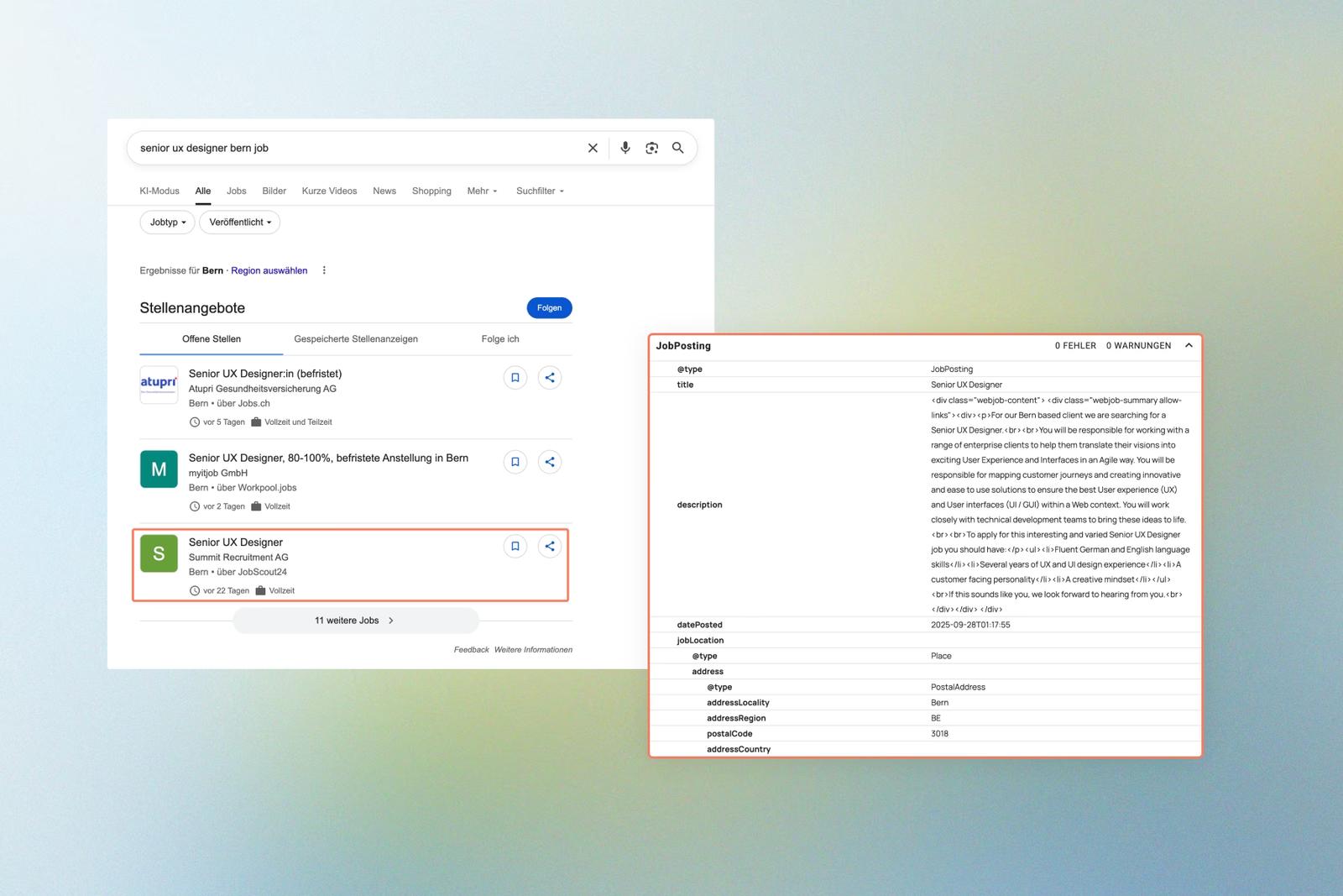 Google-Suchergebnis mit Stellenangeboten und das dazugehörige JobPosting-Schema